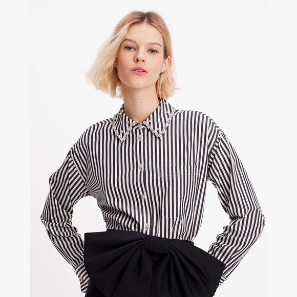 NWT Kate Spade Acrobat Stripe Black and White Embellished Shirt Size XXL - Picture 1 of 16